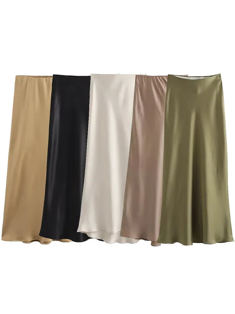 Satin Solid Pleated Midi Skirt