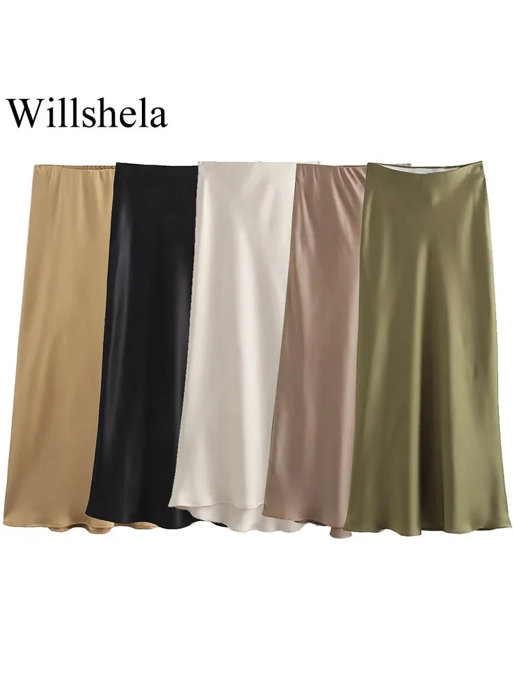 Satin Solid Pleated Midi Skirt