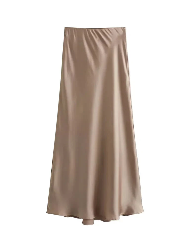 Satin Solid Pleated Midi Skirt