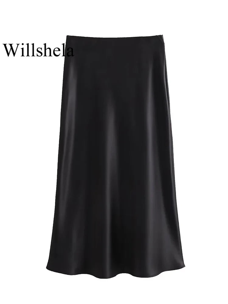 Satin Solid Pleated Midi Skirt