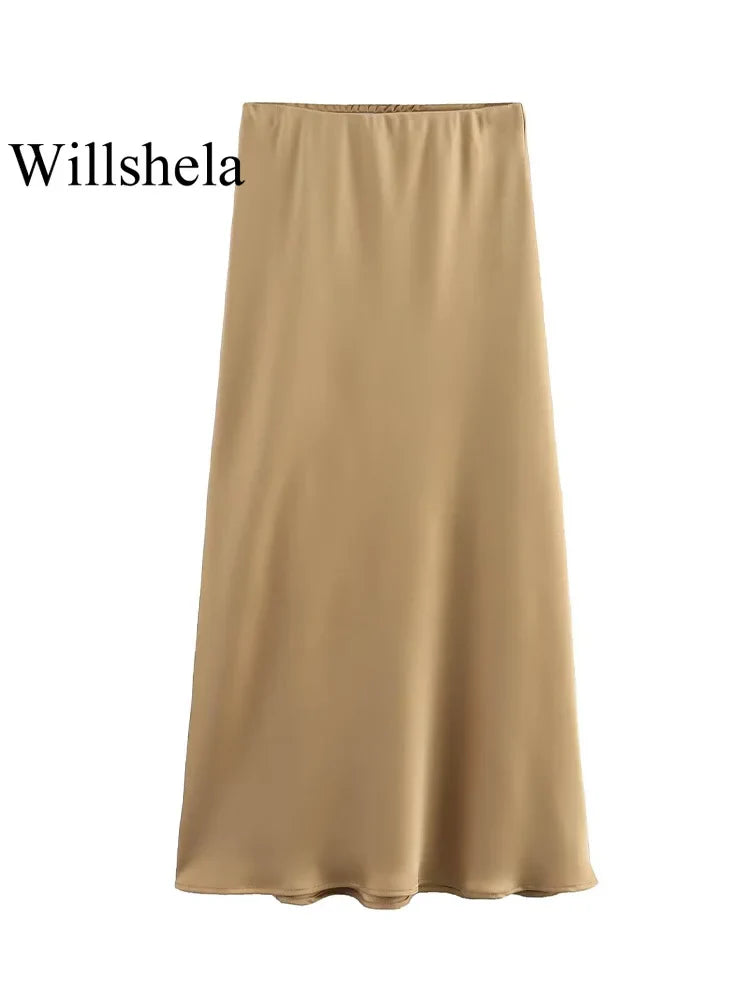 Satin Solid Pleated Midi Skirt