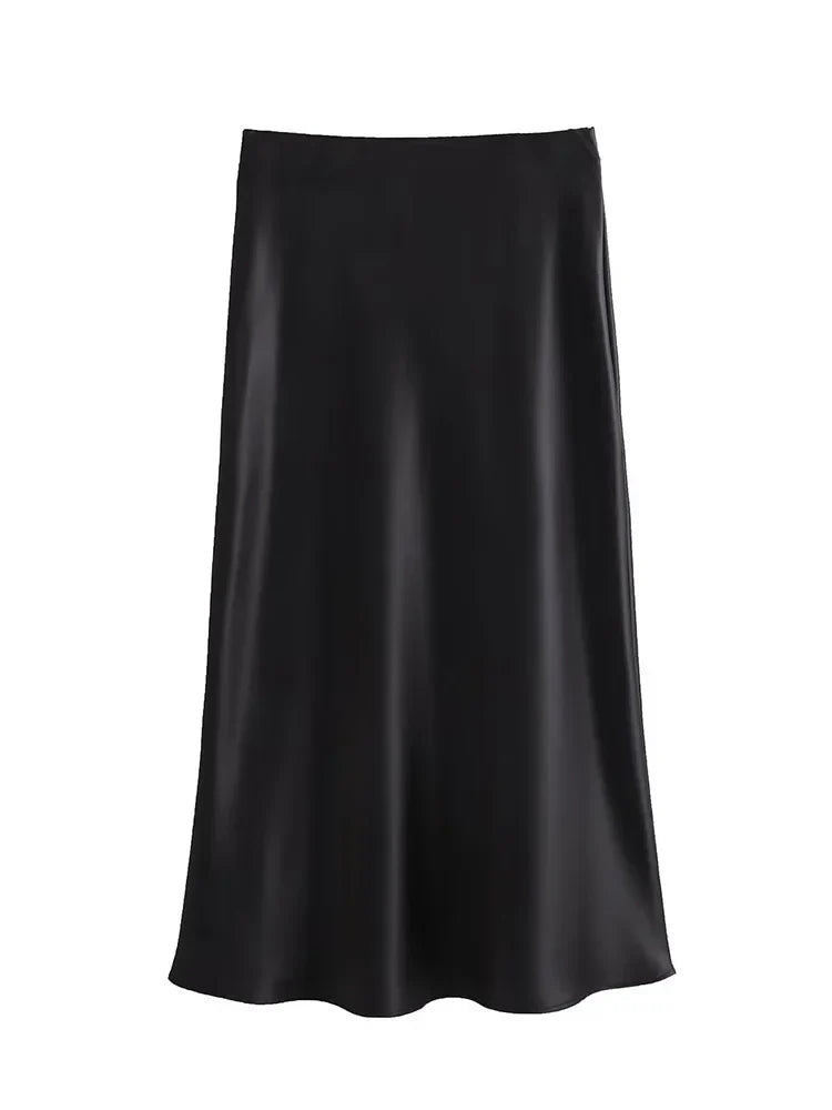 Satin Solid Pleated Midi Skirt