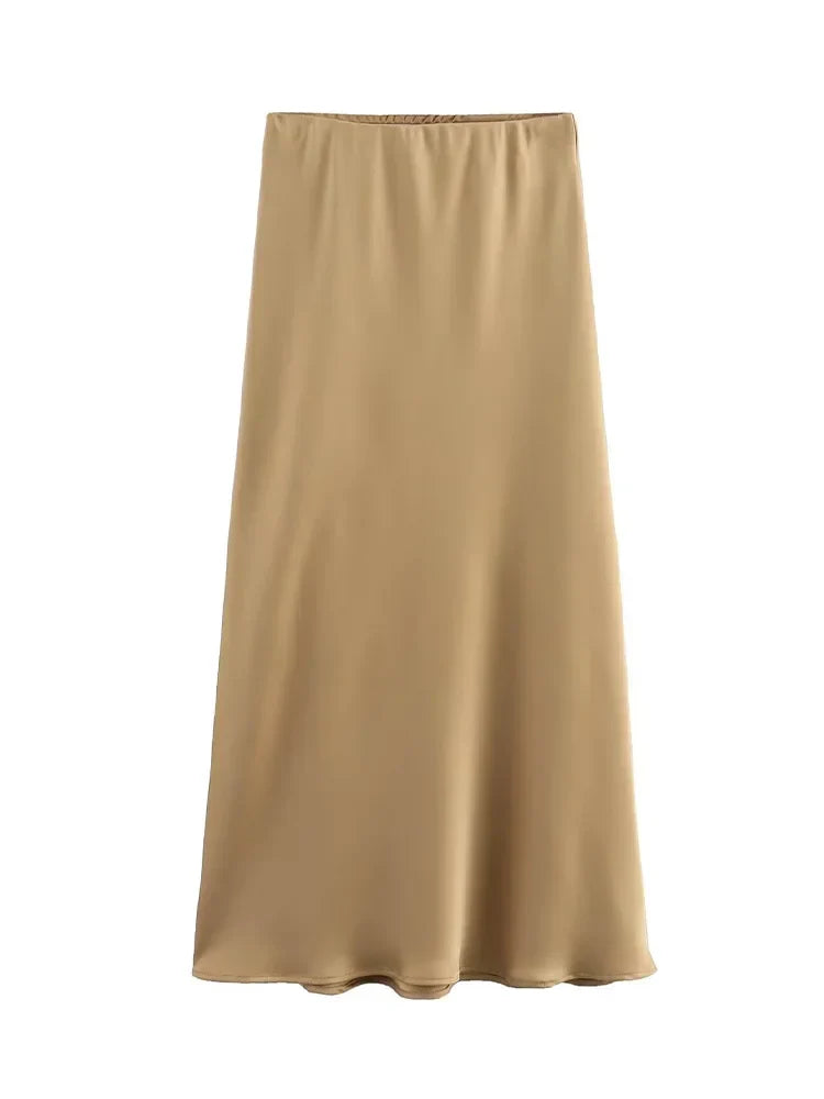 Satin Solid Pleated Midi Skirt